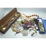 Costume jewellery, a silver topped hat pin box with hat pins, Albert chain, etc.