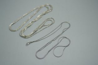Two silver chains - popcorn link chain 153cm and the snake chain 86cm, 26g