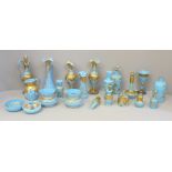 French opaline sky blue glass and gilded scent bottles, vases, jug and pots, (21) (one scent