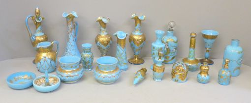 French opaline sky blue glass and gilded scent bottles, vases, jug and pots, (21) (one scent