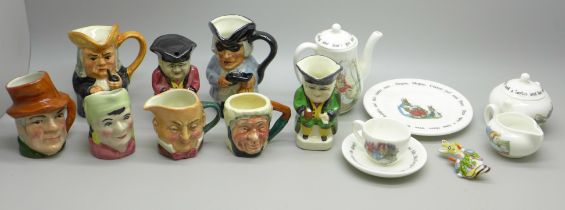 A miniature Wedgwood eight piece Beatrix Potter tea set, cup a/f, with Peter Rabbit hair slide