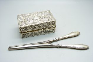 A silver Victorian curling tong spirit warmer, London 1895, and a pair of glove stretchers