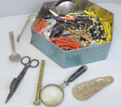 Jewellery and assorted items; magnifying glass, sugar tongs, etc.