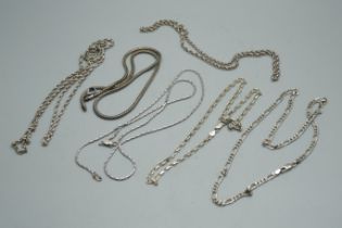 Five silver necklaces, and a silver foxtail link chain with replacement metal clasp, 60g