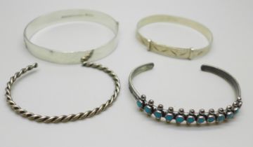 Two silver bangles, 30g, one silver plated bangle set with turquoise colour stones and one