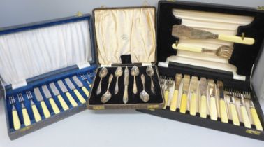 Four sets of plated cutlery including one set of pastry knives and forks with silver collars