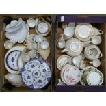 Two boxes of assorted china including teawares, Alfred Meakin, Crown Staffordshire, Ivy leaf,