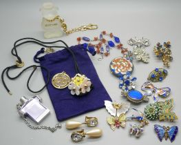 Vintage costume jewellery including Pierre Balmain earrings and perfume key chains (lacking