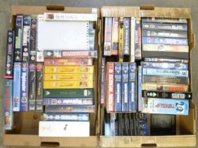 Vintage VHS tapes including Cert. 18, Rambo, Blade Runner, Indiana Jones, etc., and a box of Space