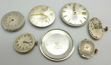Wristwatch movements including Rolco by Rolex, Genex by Rolex, Champ Watch Co., Wittnauer, two
