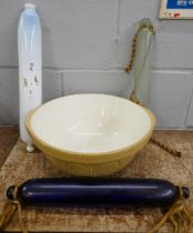 Three glass rolling pins, blue, clear and opaque, and a Gresley mixing bowl **PLEASE NOTE THIS LOT