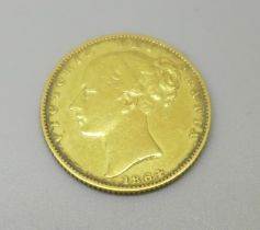 A Victorian 1864 shield back full sovereign, die 56
