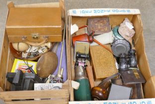 Two boxes of collectable items including enamelled opium pipe, oil can, Wade Whimsies, opera