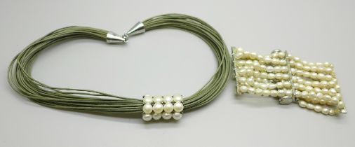A freshwater pearl bracelet and a silver mounted necklace with pearl detail