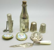 A silver scent bottle, Birmingham 1905, two silver thimbles, a silver bookmark, a Victorian silver