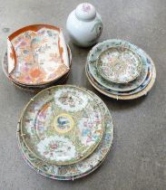 A collection of famille verte and other Chinese and Japanese porcelain and a Dutch Delft plate,