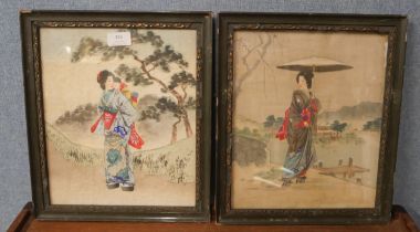 A pair of oriental silks, framed