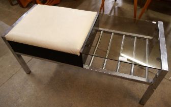 A Chippy Heath chrome, vinyl and glass topped telephone table