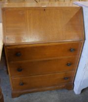 An oak bureau, folding chair, a teak sewing box and two others