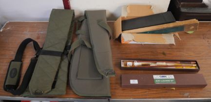 Three gun cleaning kits; GMK 410 Gauge, Millard Bros. and Hoppe's, and a pair of dispatches