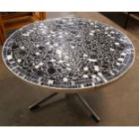 A Belgian chrome and mosaic tiled top circular coffee table