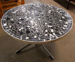 A Belgian chrome and mosaic tiled top circular coffee table