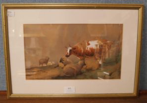 English School, cattle and sheep, watercolour, indistinctly signed, framed