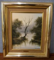 Michael John Hill, river landscape, oil on board, framed