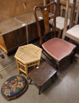 A stool, footstool, inlaid hall chair and a nest of bamboo tables