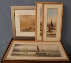 Garman Morris, three marine scenes, watercolour and Edith A. Stock, pair of Lake District landscapes