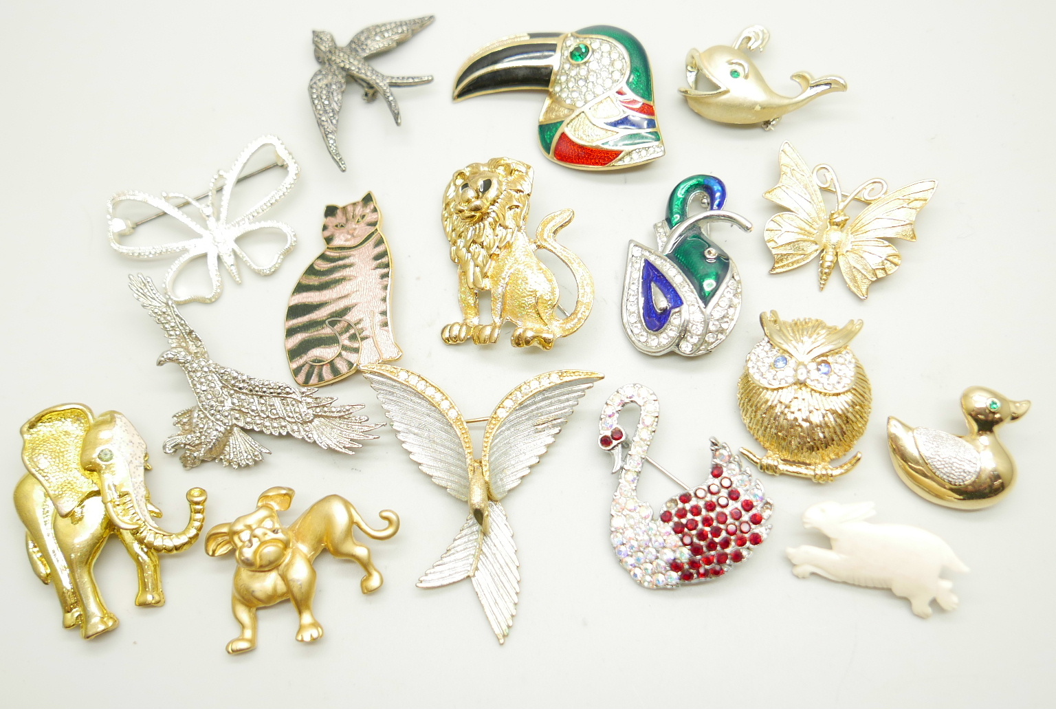 Sixteen animal and bird brooches