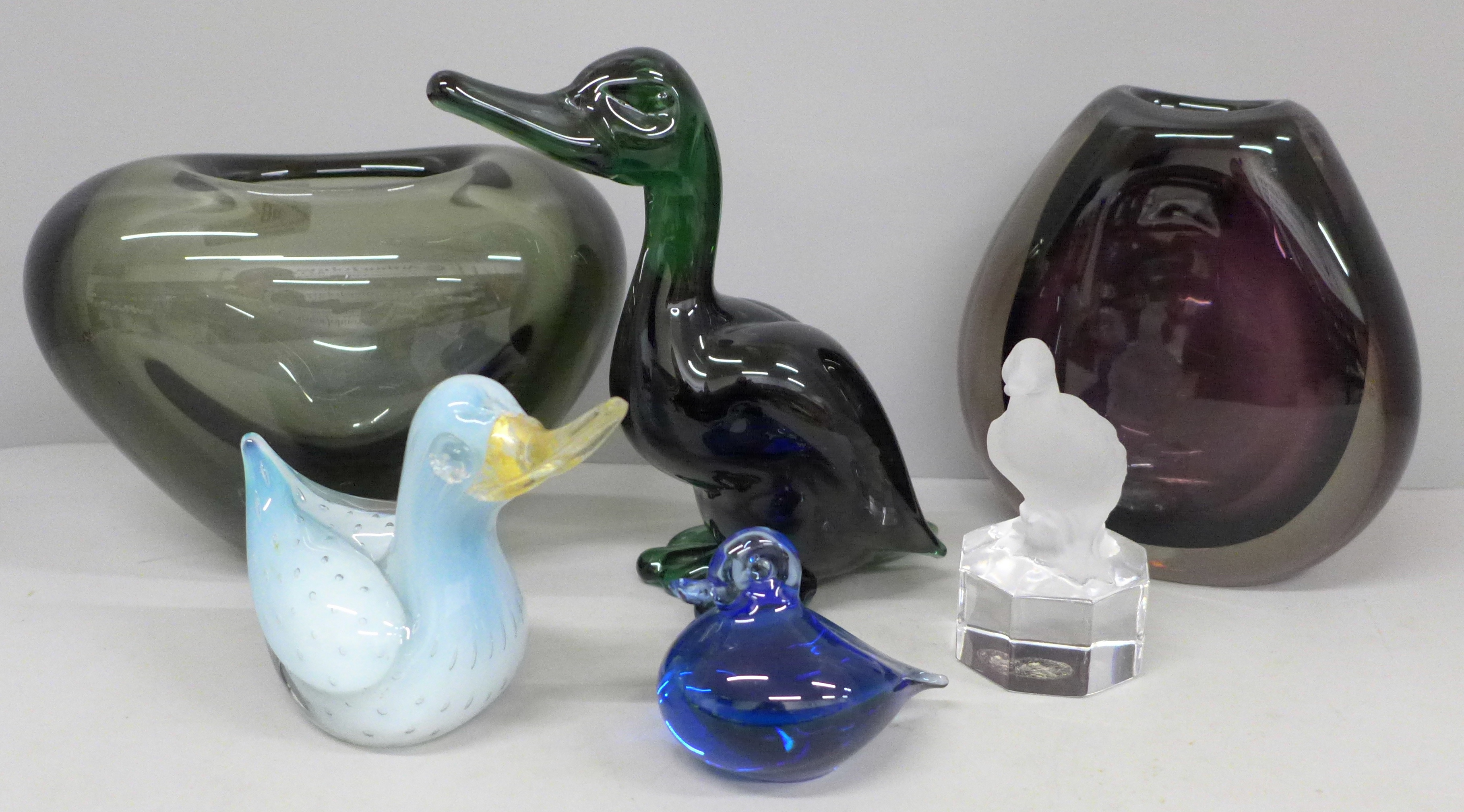 Two Holmegaard glass vases, a Goebel glass model duck and three other glass model birds, chips to