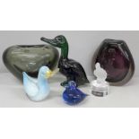 Two Holmegaard glass vases, a Goebel glass model duck and three other glass model birds, chips to