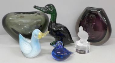 Two Holmegaard glass vases, a Goebel glass model duck and three other glass model birds, chips to
