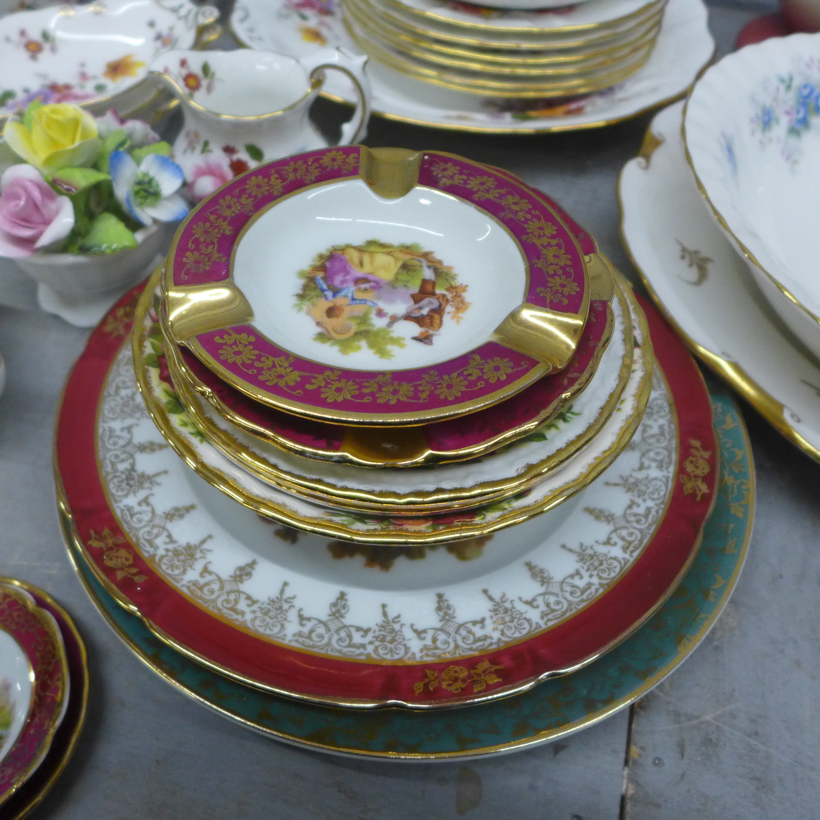 Royal Crown Derby, Derby Posies, six saucers, cups, milk jug and creamers, five dressing table pin - Image 4 of 6