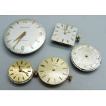 Five wristwatch movements; Garrard automatic, 3x Omega and Tissot