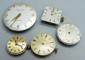 Five wristwatch movements; Garrard automatic, 3x Omega and Tissot
