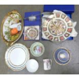 A Royal Crown Derby cakestand, boxed and a dish, a Lladro model goose, a cream and sugar, a bowl,