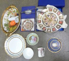 A Royal Crown Derby cakestand, boxed and a dish, a Lladro model goose, a cream and sugar, a bowl,