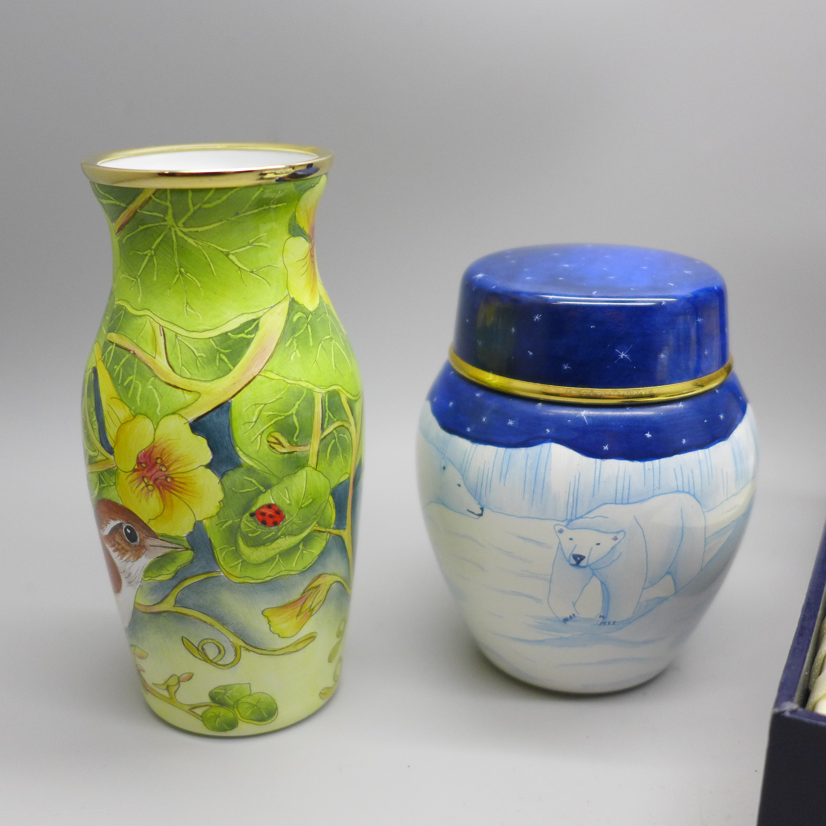 Four Moorcroft enamels, Dolphin & Manatee pill box, 31/75, boxed, Hummingbird, boxed, vase decorated - Image 2 of 6