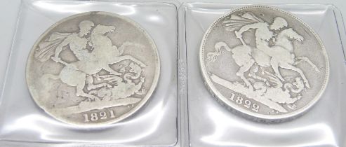 An 1822 George IV Tertio edge crown and an 1821 George IV Secundo edge crown