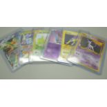 Six Japanese Pokemon cards, including Japanese Espeon No.196 Neo 2 (Podat Master)