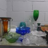 Two boxes of coloured and plain glass, including light shade, pedestal bowl, two crystal