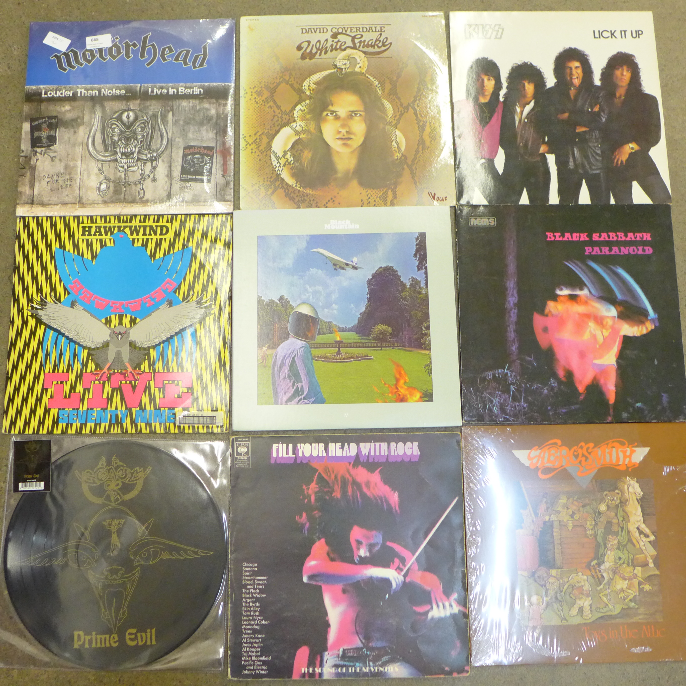 Twelve rock/metal LP records, Motorhead, Kiss, Black Sabbath, etc.