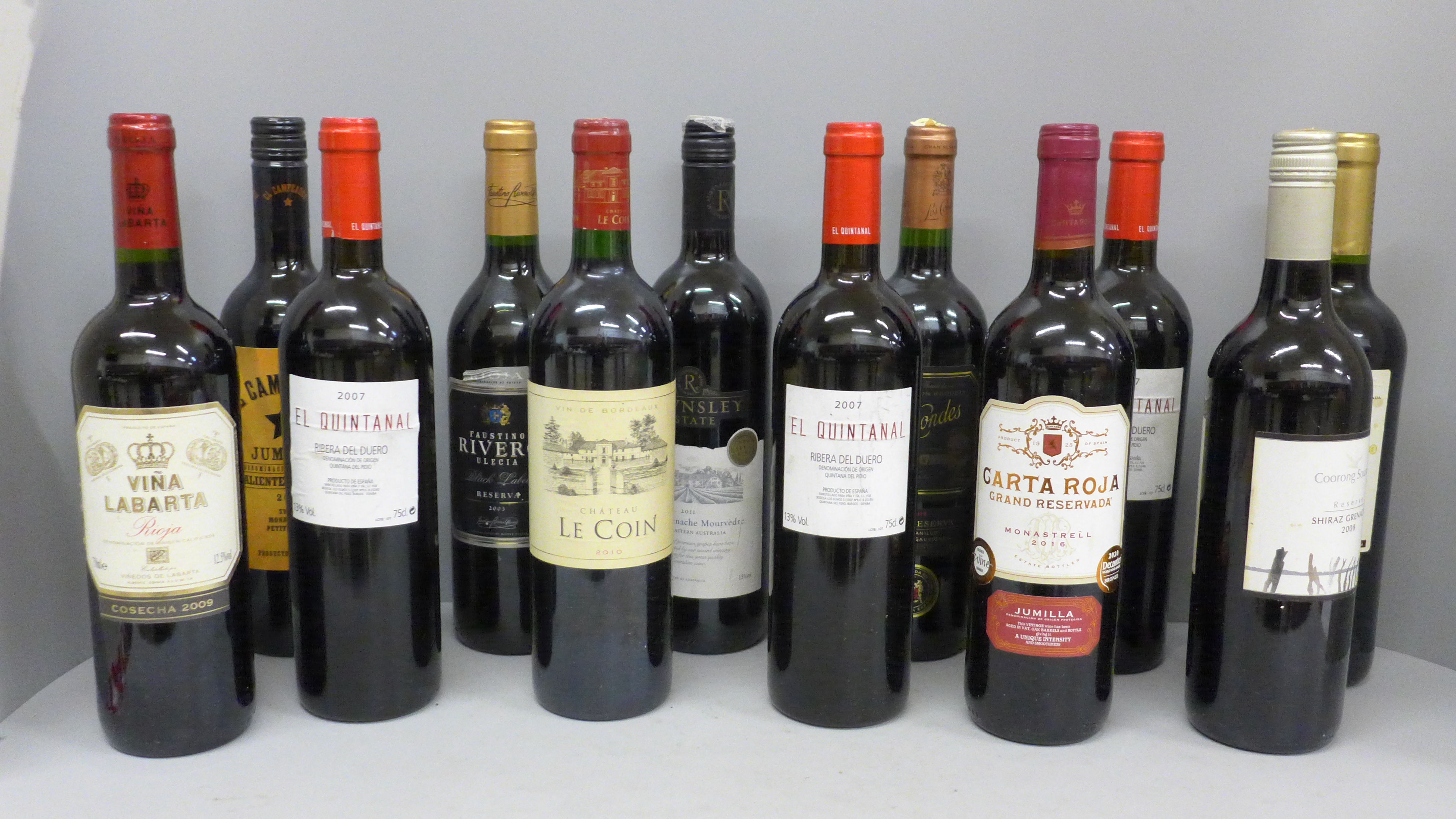Twelve bottles of red wine including Faustino Rivero, El Campeador, Conde Rioja and Les Cordes