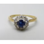 An 18ct gold and platinum set, diamond and sapphire ring, 3.1g, O, sapphire a/f