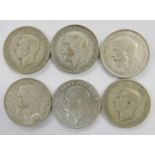 Six florins/two shillings coins, 1920, 1921, 1922, 1926, 1942 and 1943