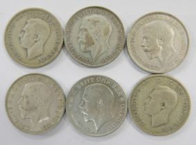Six florins/two shillings coins, 1920, 1921, 1922, 1926, 1942 and 1943