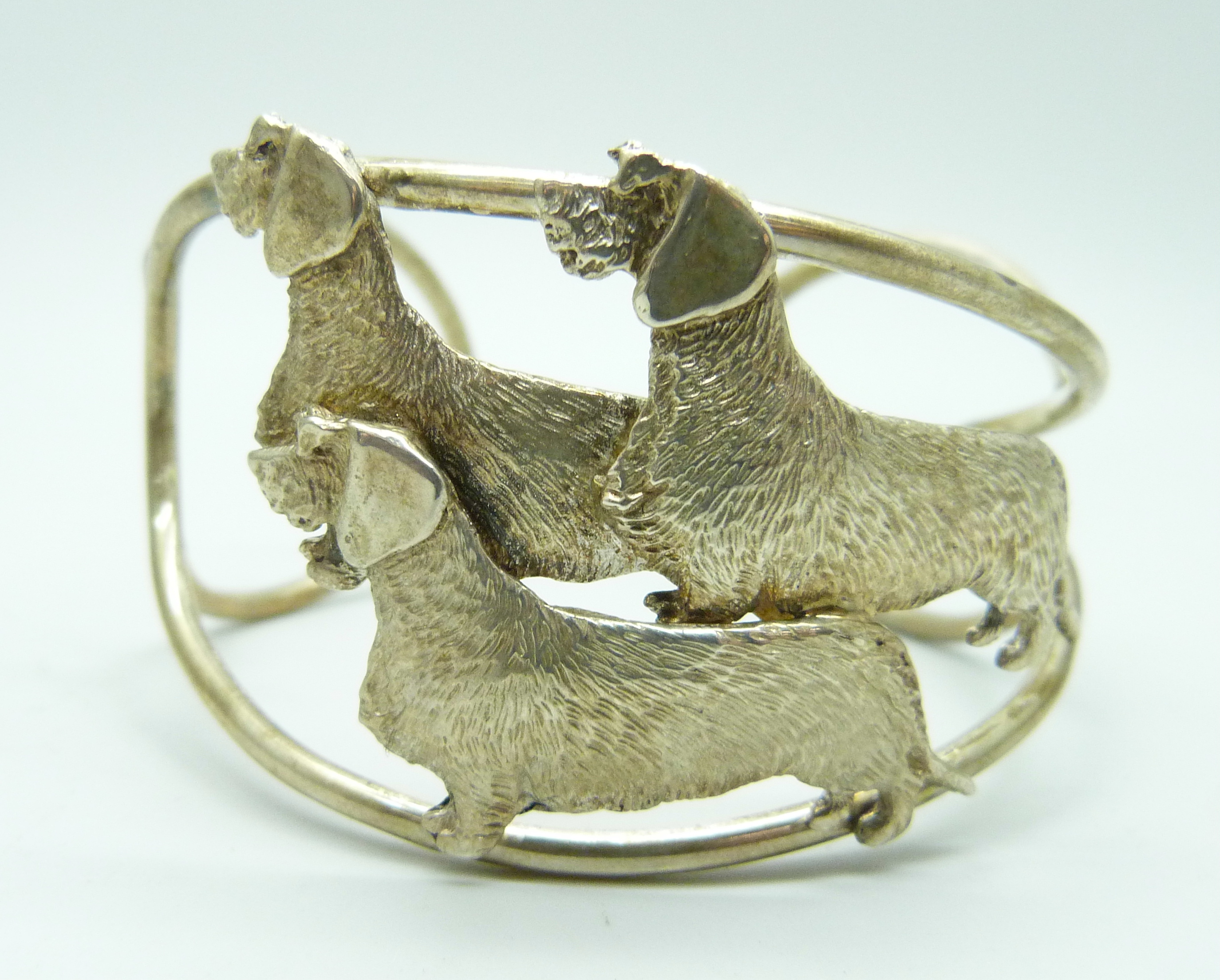 A silver cuff bangle with three wired hair dachshund detail - Image 4 of 4