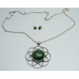 A silver and chalcedony set pendant, siver chain and a pair of earrings, chain 75cm